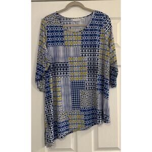 Susan Graver Liquid‎ Knit Tunic Top Sz 1X Blue Stretch Asymmetrical Hem Boho